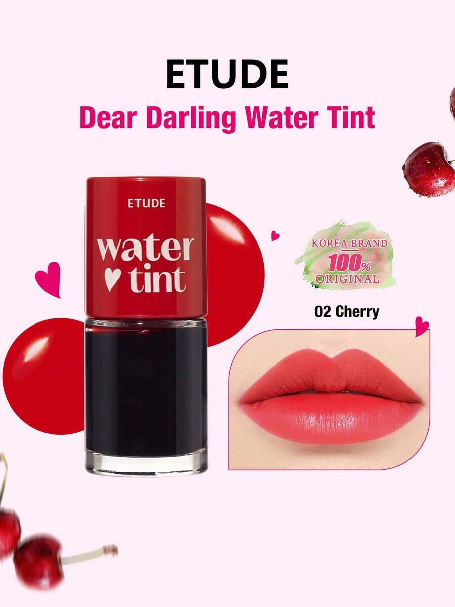 ETUDE HOUSE Dear Darling Water Tint #02 Cherry, Bright Vivid Color, Long-Lasting Not Fade, Non-Stick Cup, Moisturizing Hydrating Lip Tint, Lightweight Texture, Glossy Finish, For Women Daily Use, K-Beauty, Korean Makeup, GIFT 9g/0.31oz