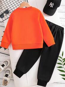 青少年男童字母图案保暖圆领卫衣和撞色边慢跑裤套装 - 橘色 - 查看 2