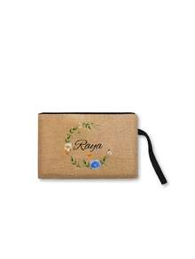 2pcs/Set Customized Name With Floral And Leaves Wreath Pattern Tote Bag And Makeup Pouch Set, Women's Linen Large Capacity Handbag, Shopping Bag, Portable Casual Storage Handbag, Suitable For Daily Travel, Beach Vacation, Large Capacity Shopping Bag, Very Suitable For School, Birthdays, University, Work, Business, Commuting, Outdoor, Travel, Outdoor, Vacation,Back To School Supplies - Khaki - View 13