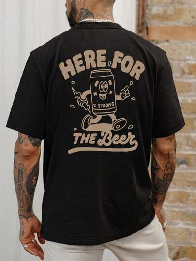 大码男士夏季圆领啤酒标语休闲短袖T恤