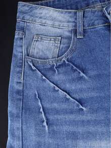 Dollsgirl Y2K 女式夏季牛仔短裤前扣多口袋宽松休闲日常穿着猫须街头百慕大牛仔裤七分裤 - 淺藍色 - 查看 6