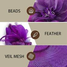 Fascinators Hats Women,Tea Party Fascinator Hair Clip With Feathers Wedding,Derby Hats Headbands - 款式1-紫色 - 查看 5
