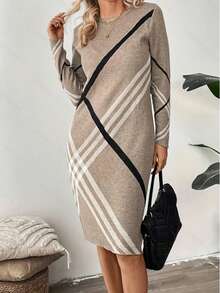 Plus Size Colorblock Striped Crew Neck Knit Sweater Dress, Autumn/Winter - Khaki - View 3