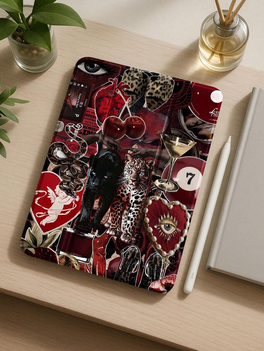 精美豹纹樱桃蛇拼图风格彩绘图案透明硅胶减震支架带笔槽，适用于 Galaxy Tab A8 10.5、S6 Lite 10.4、S7/S8/S9 英寸。支持睡眠唤醒，可作为节日礼物 - 彩色 - 查看 1