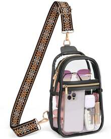 Stadium Approved Clear Sling Bag - Adjustable Crossbody Purse For Concerts & Games (PVC Leather) - 黑色+1.5寸黑棕菱形小花提花織帶(001BAC) - 查看 1