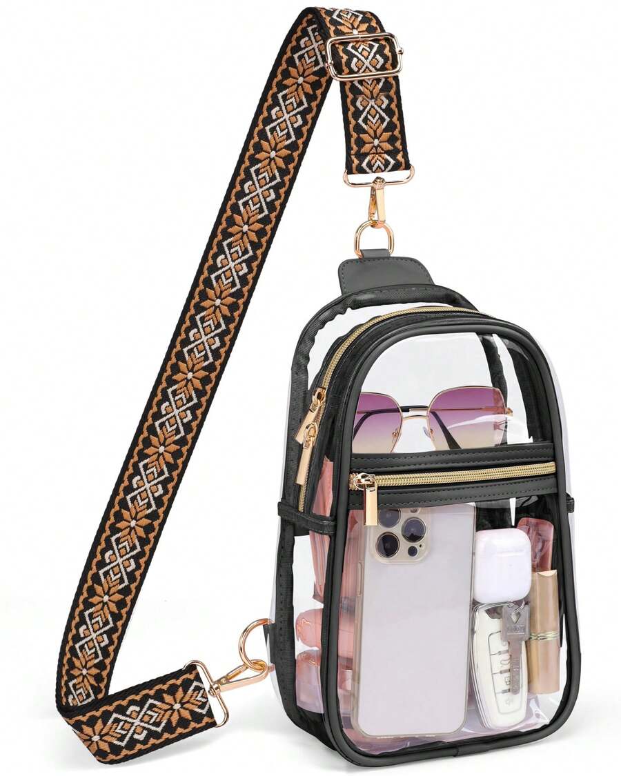 Stadium Approved Clear Sling Bag - Adjustable Crossbody Purse For Concerts & Games (PVC Leather) - 黑色+1.5寸黑棕菱形小花提花織帶(001BAC) - 查看 1