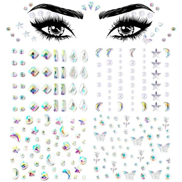 4 Sheets Face Eye Rhinestones Gems Jewels Self Adhesive Acrylic Pearls Hearts Face Stickers Makeup Tattoos Nail Stickers Women