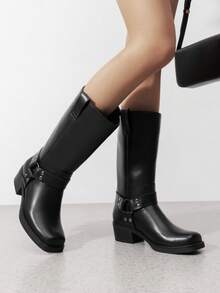 Dream Pairs Women's Motorcycle Boots Fashion Casual Slip-On Buckle  Square Toe, Western Boots Chunky Heel  Autumn & Winter Tall Boots,Knee High Boots , Mid-Calf Boots For Festival Go With Dress Black Boots - 黑色 - 查看 4