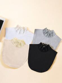 1 件/2 件/3 件/4 件女士蕾丝领，纯色立领基础衬衫，可爱花卉荷叶边假领，白色/黑色/灰色/杏色