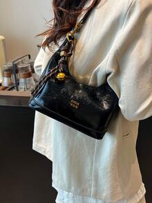 Neue minimalistisch Vintage einfarbige PU wasserdichte Tragetasche, Buchstaben Grafik Dekoration, Reißverschluss, Tragegriff oben, quadratische Form, burgunderrot, Anhänger Dekoration, geeignet zum Einkaufen