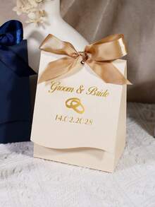 5/10/50pcs Wedding Gift Box With Ribbon & Gold Rings Design – Romantic Favor Box For Bride & Groom, Candy Box For Reception, Engagement Party, Valentine's Wedding Packaging In Red & Green, Elegant Guest Thank You Box