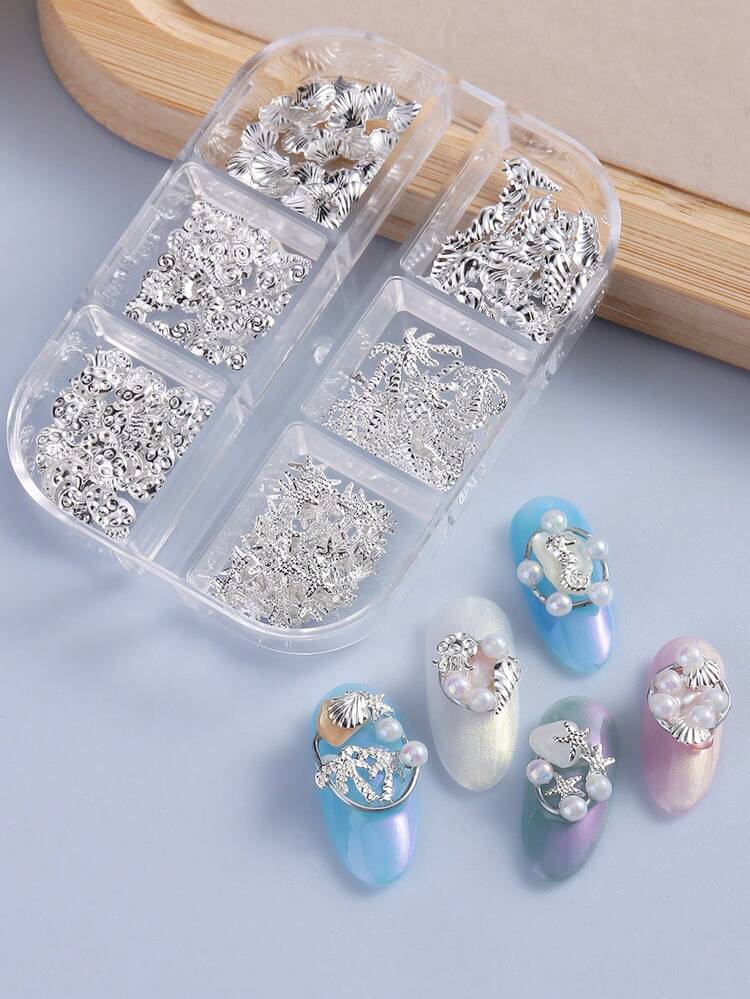 6 Grids Summer Sea Shell Charms Starfish Nail Art Decoration Silver Rivets Shell Conch Metal Nails Parts DIY Mixed Coconut Tree Design Manicure Studs Accessories - Silver - View 6