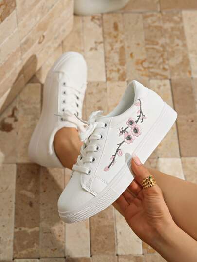 Tênis femininos baixos com estampa floral e cadarço, calçados duráveis para esportes ao ar livre, calçados esportivos casuais leves e confortáveis de cano baixo