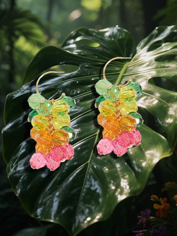Pendientes colgantes de flor con cuentas, caparazón de color rosa brillante, lentejuelas y flores, pendientes de declaración hechos a mano como regalo para niña y mujer para verano, vacaciones y playa