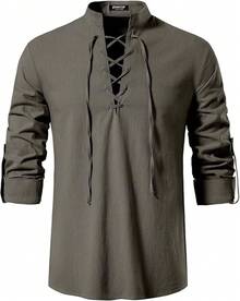 Men's Pure Cotton Retro Lace Up Shirts For Renaissance Pirate Viking Medieval - Màu xám đen - Xem 2