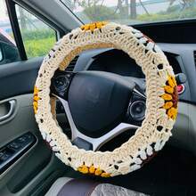 onEternal 1pc Handmade Crocheted Light Yellow Flower Steering Wheel Cover & 2pcs Seatbelt Covers Car Interior Decor Set