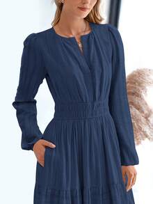 Women Fall Maxi Dresses Long Sleeve High Waist Tiered Flowy A-Line Boho Bohemian Long Dress Beach Holiday Vacation Wedding Guest Valentine Outfit - 藏蓝色 - 查看 5