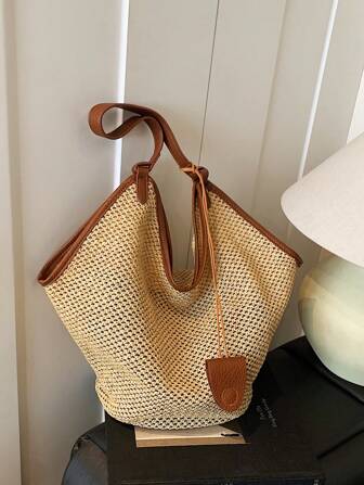 1 pièce Sac en paille d'été pour femme, sac tressé en paille de couleur unie à la mode, sac de plage pour vacances, sac fourre-tout simple et rétro de grande capacité