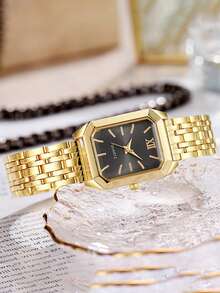1pc Minimalist Vintage 3D Luxurious Versatile Elegant Mixed Bar Scale Square Dial Steel Band Quartz Watch, Suitable For Birthday Gift, Year-End Promotion, Singles Day, Etc. - Gold - View 3