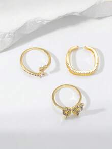 3pcs/Set Fashionable Open Cubic Zirconia Butterfly, Heart & Line Design Ring Set, Personalized INS Style Rings, Multiple Colors Available, Suitable For Women's Daily, Festival, Party Wear Or Gift - Gold - View 3