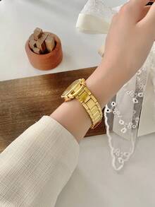 1 件优雅弹性腰带女士金色表带数字表盘石英腕表，适合日常佩戴和社交聚会