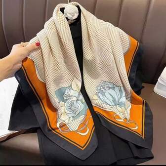 1pc Linen 35.4 Inch Floral Printed Scarf, Fashionable Lightweight Versatile Shawl/Neck Wrap, Casual Style Suitable For All Seasons