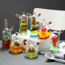 1pc Double Nozzle Glass Olive Oil And Vinegar Dispenser Oil Bottle, Cork 2 In 1 Clear Double Glass Kitchen Cooking Container, Suitable For Kitchen, Dining Room,School Supplies