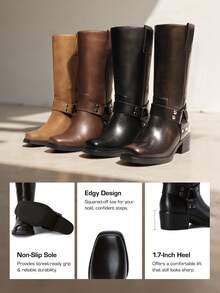 Dream Pairs Women's Motorcycle Boots Fashion Casual Slip-On Buckle Square Toe , Western Boots Chunky Heel  Autumn & Winter Tall Boots,Knee High Boots , Mid-Calf Boots For Festival Go With Dress Rust Brown - 鏽棕色 - 查看 8