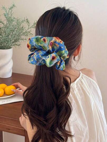 波西米亚印花大号发圈，法式浪漫花卉油画图案，超大号布艺发绳，不伤发饰