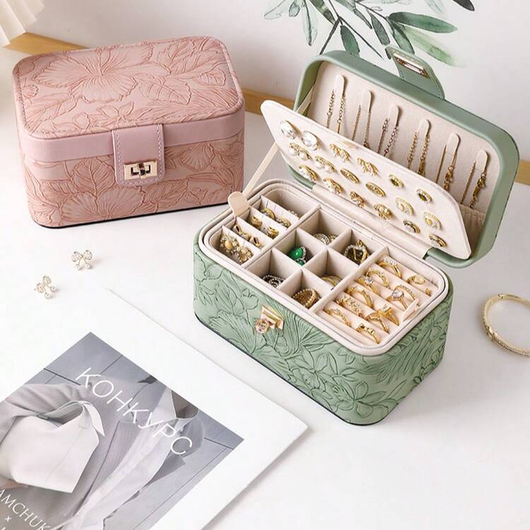 Ny lyxig smyckeslåda med tryck, smyckesorganisatör med stor kapacitet och flera lager, exklusiv blommig läderlåda för armband, ringask för armband och klocka, smyckesfodral med dubbla fack för kvinnor, förvaringsorganisatör för resor, förvaring för studentboende - Multifärgad - Visa 8