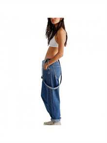 Women Denim Long Jumpsuit Casual Spaghetti Strap Wide Leg Romper Pants Summer Baggy Bib Overalls - Màu xanh đậm - Xem 3