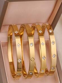 4 件/1 件优雅锆石镶嵌不锈钢女士手链，金色，适合日常佩戴，馈赠朋友的绝佳礼物 - 鑲鑽手鐲 - 查看 12