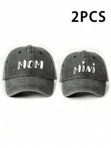 2pcs MAMA + MINI Heart Print Adjustable Washed Baseball Cap, Outdoor Sun Hat Suitable For Boys & Girls, Casual, Travel, Beach, Spring/Autumn