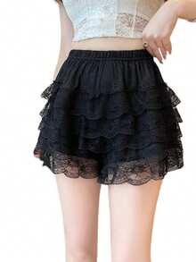 Womens Layered Ruffle Shorts Casual Elastic Waist Solid Color Lace Bloomers Lolita Clothes - 黑色 - 查看 2