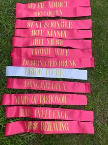 Set de 12 fajas de "Novia a ser" con 11 fajas de colores y 1 faja blanca con texto dorado para despedida de soltera, fiesta de boda, noche de señoras - Rosa roja - Ver 2