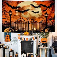 1pc Scary Halloween Hanging Banner, Bat Fly Over Graveyard Pattern Banner, Suitable For Halloween Party, Holiday Party, Home Decor, Perfect For Halloween Decoration