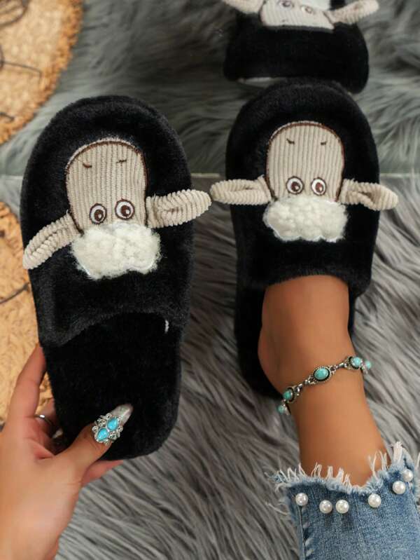 Cute Black Plush House Slippers – Cartoon Sheep Design, Warm & Cozy, Perfect For Winter Home & Casual Wear, Women's/Ladies' Footwear