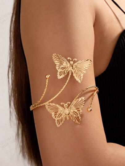 1pc Women's Metal Hollow Butterfly Cuff Bracelet, New Summer Beach Fashion High-End Golden Jewelry Bangle Armlet