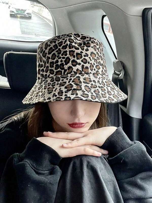 1pc Women's Leopard Print Reversible Bucket Hat, Suitable For Weddings, Parties, Cosplay, Outdoor Casual Wear