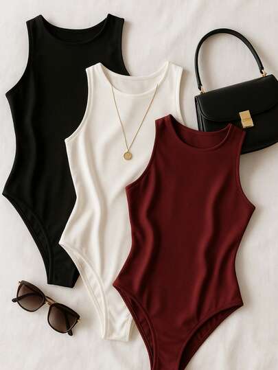 Kit Bodysuit Feminino Bori Regata Bory Collant Versátil Casual Costas Fechada Segunda Pele Básico Estiloso Várias Cores natal