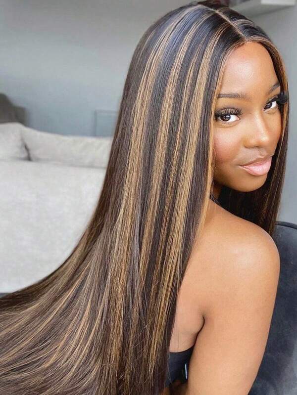 Peluca con lace front y mechones resaltados, cabello humano, densidad de 180%, 13x4 lace frontal transparente, peluca con lace frontal 5x5 de cabello humano previamente desbastado con cabello de bebé, color 1B30