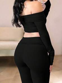 女士两件套：露肩长袖短款上衣和喇叭裤，黑色，休闲通勤运动风，秋季女装 - 黑色 - 查看 2