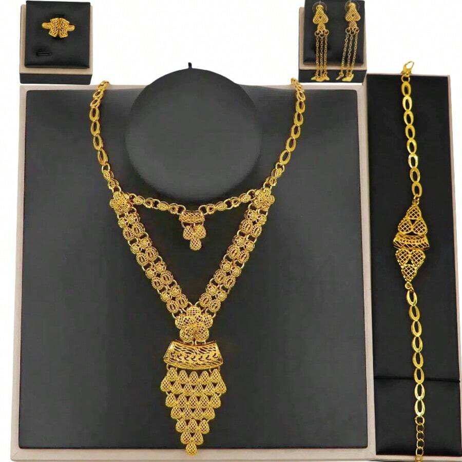 1 Set Exaggerated Geometric Middle Eastern Dubai Style 24K Gold Plated Necklace Earrings Bracelet Ring Jewelry Set, Suitable For Women Daily, Party, Gift, Wedding, Bridal, Valentine's Day
