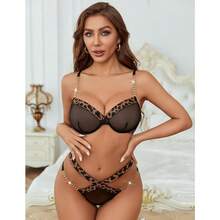 Local Delivery--Sexy Lingerie Set Mesh See Through Underwire Bra Panty Set Leopard Splice Push Up Lingerie With Chain - 黑色 - 查看 6