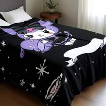 Sanrio Kuromi Anime Decke mit Motiv der Zauberball-Karte - Hergestellt aus gestricktem Polyesterfleece, moderner Digitaldruck, Cartoon-Thema, Katzenbekleidung, bequeme Wohndekoration-Decke für alle Jahreszeiten, maschinenwaschbar