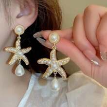 1 par de aretes con colgante de gota de agua con perla de estilo oceánico para mujeres, perfectos para usar durante las vacaciones en la playa
