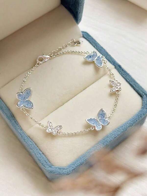 Exquisite Luxurious Blue Butterfly Crystal Bracelet For Girl, Summer 2025 New Fashion Jewelry