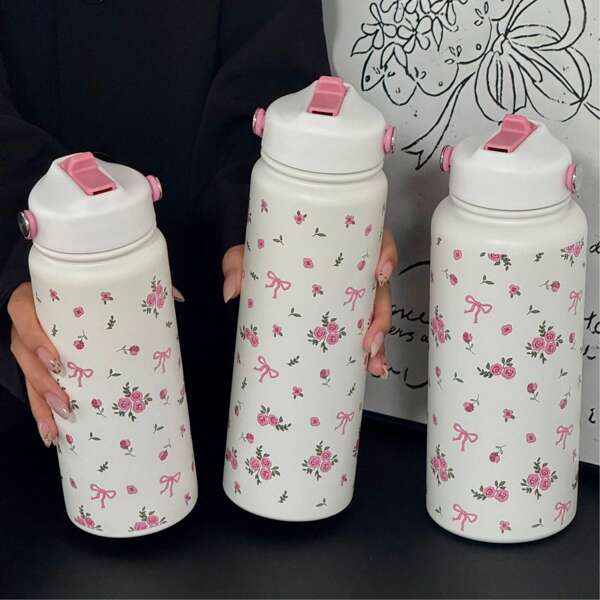 1 pieza Botella de agua con estampado floral rosa con pajita - Capacidad de 600ml/800ml / 1000ml -, portátil, botella de gimnasio reutilizable - Perfecto para hidratación de verano, bodas al aire libre, campamento, fiestas, regalos de cumpleaños y graduación - Vajilla vintage
