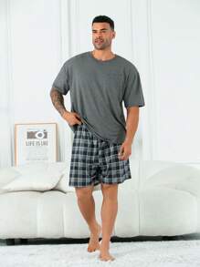 2pcs/Set Oversized Men's Casual Loose Pocket Round Neck Short Sleeve Plaid Shorts Pajama Set, For Spring/Summer Loungewear