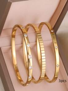 3 chiếc/1 chiếc Vòng tay đinh hình cỏ bốn lá bằng thép không gỉ mạ vàng 18K thời trang, thích hợp cho tiệc tùng nữ, đeo hàng ngày, phong cách Châu Âu và Mỹ, cá nhân hóa, hào phóng, vòng tay Zirconia khối sang trọng, bộ trang sức cưới, quà tặng cho bé gái, phụ nữ, người thân, bạn bè, đám cưới đẹp, sinh nhật, ngày lễ tình nhân - phong cách kim cương - Xem 16